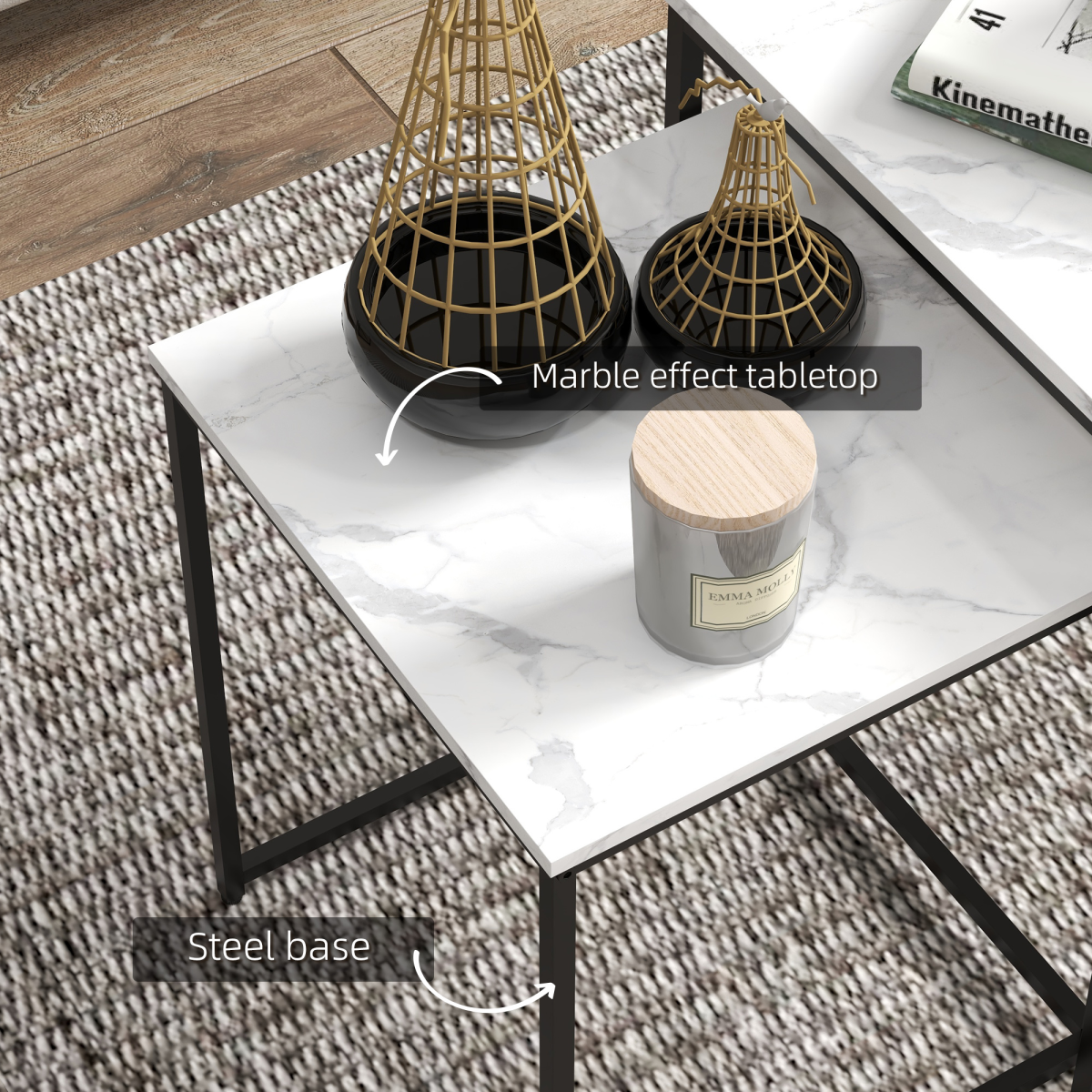 HOMCOM Nesting Coffee Tables Set of 3 with Marble-Effect Tops and Steel Frames – Sofa Side Tables, White