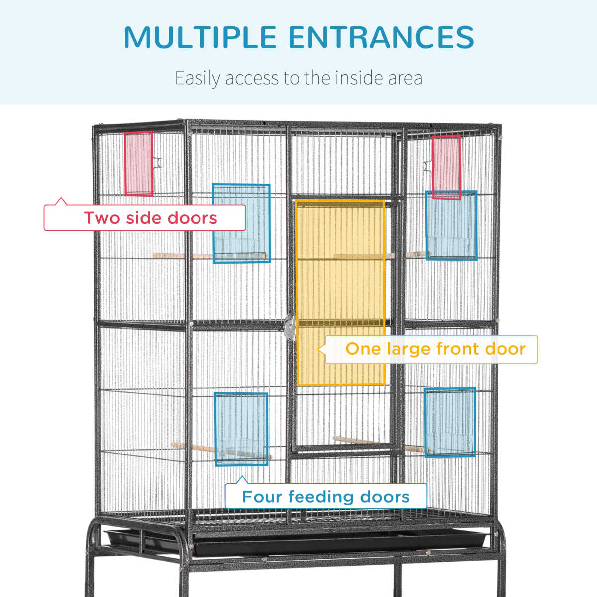 Pawhut Rolling Bird Cage with Detachable Stand, Storage Shelf, Wooden Perches & Food Containers