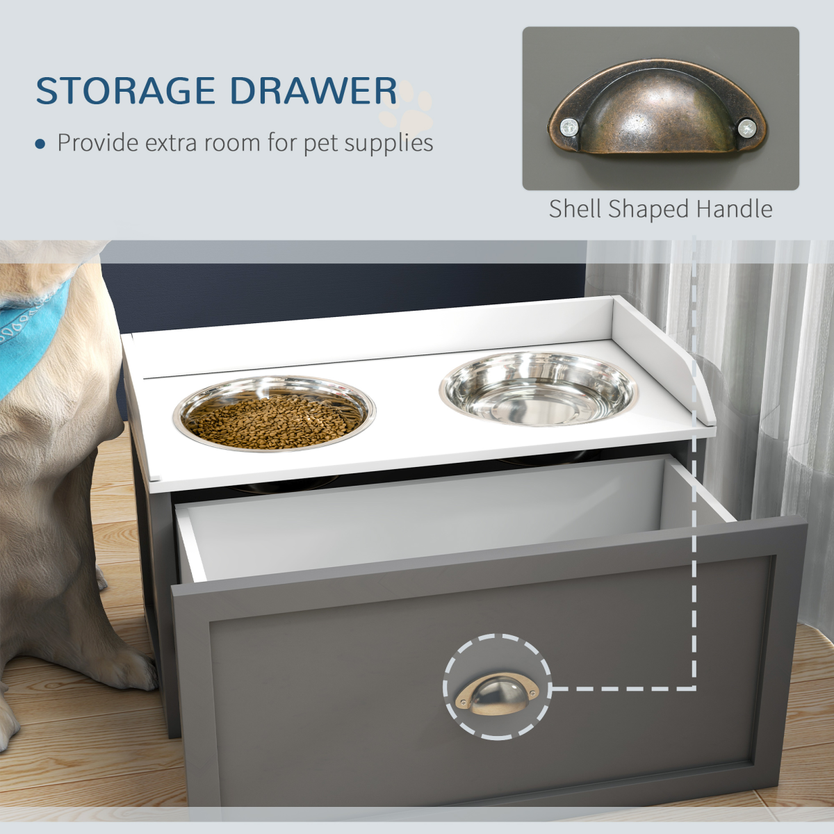 PawHut Stainless Steel Raised Dog Bowls with 21L Storage Drawer – Feeding Station for Large Dogs, Grey and White