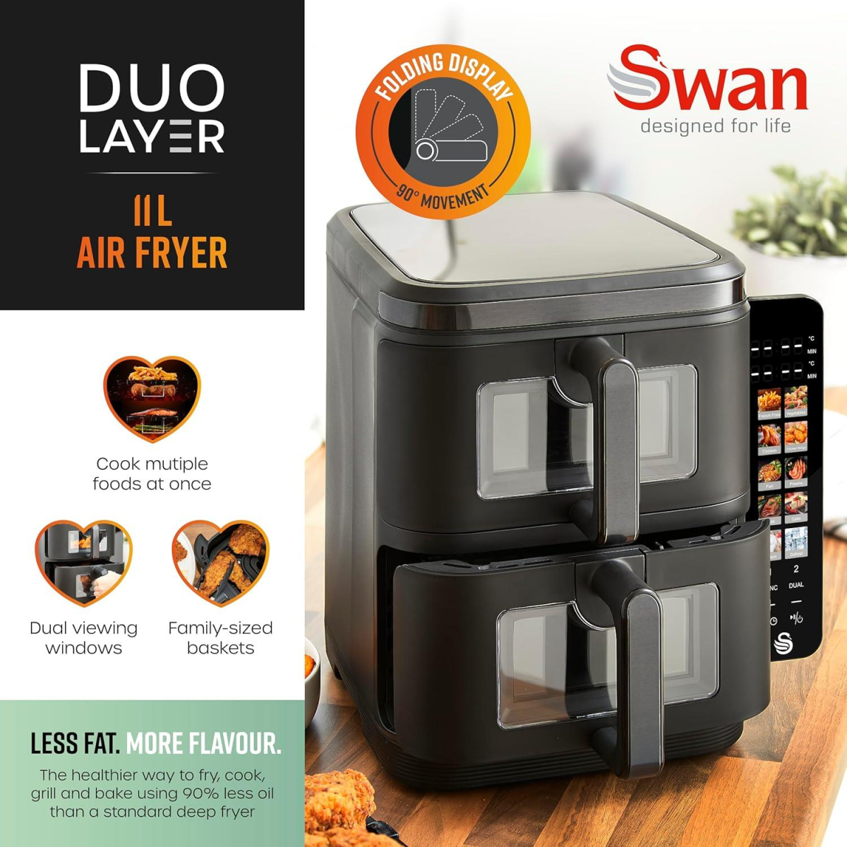 Swan 11L Twin Stack Dual Layer Air Fryer with 2 x 5.5L Baskets – Family Cooking, Space-Saving
