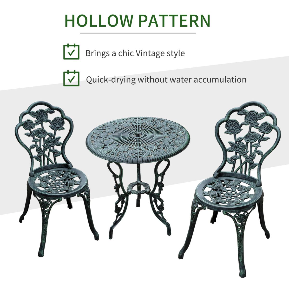 Outsunny 3-Piece Cast Aluminium Bistro Set with Parasol Hole – Antique-Style Garden Table & 2 Chairs, Green