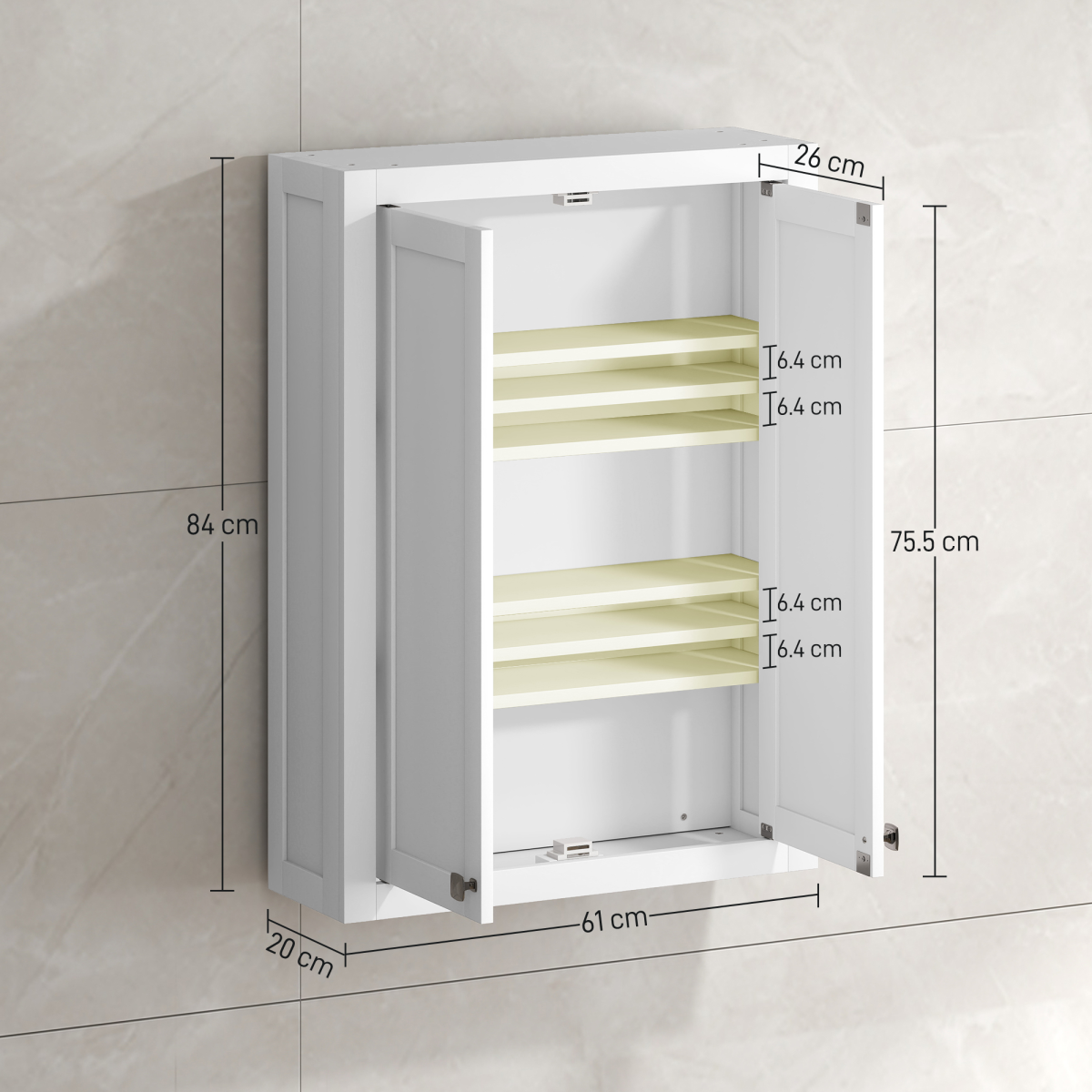 HOMCOM Wall Mounted Bathroom Cabinet with 2 Adjustable Shelves & Magnetic Doors – Space-Saving Storage, White