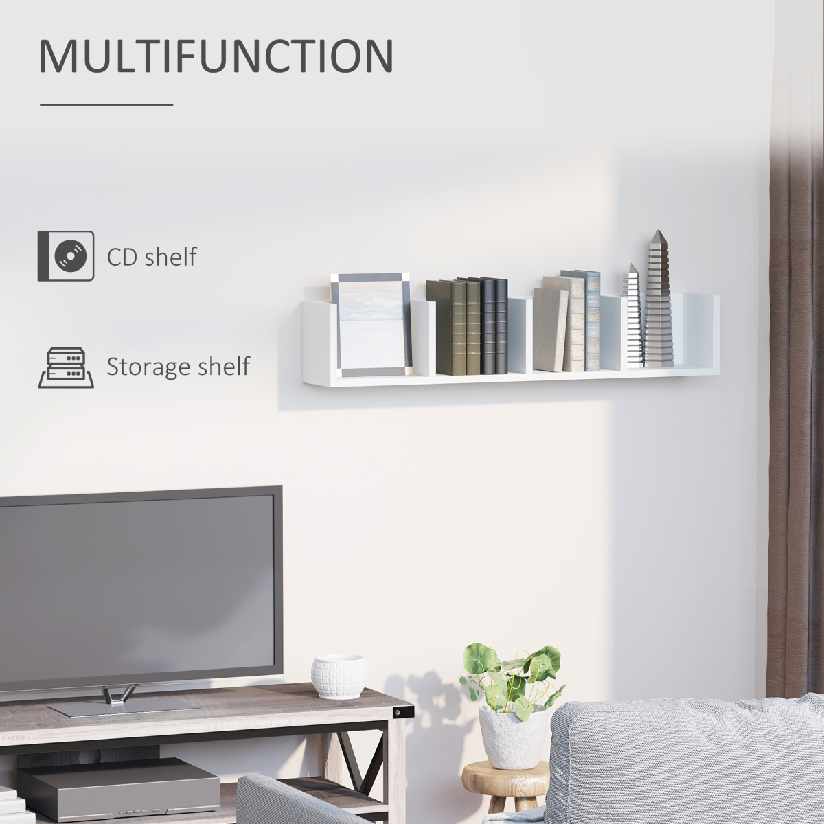 HOMCOM Wall Mounted CD Shelf with 4 Grids, Holds up to 60 CDs – Multimedia Storage Organiser, White