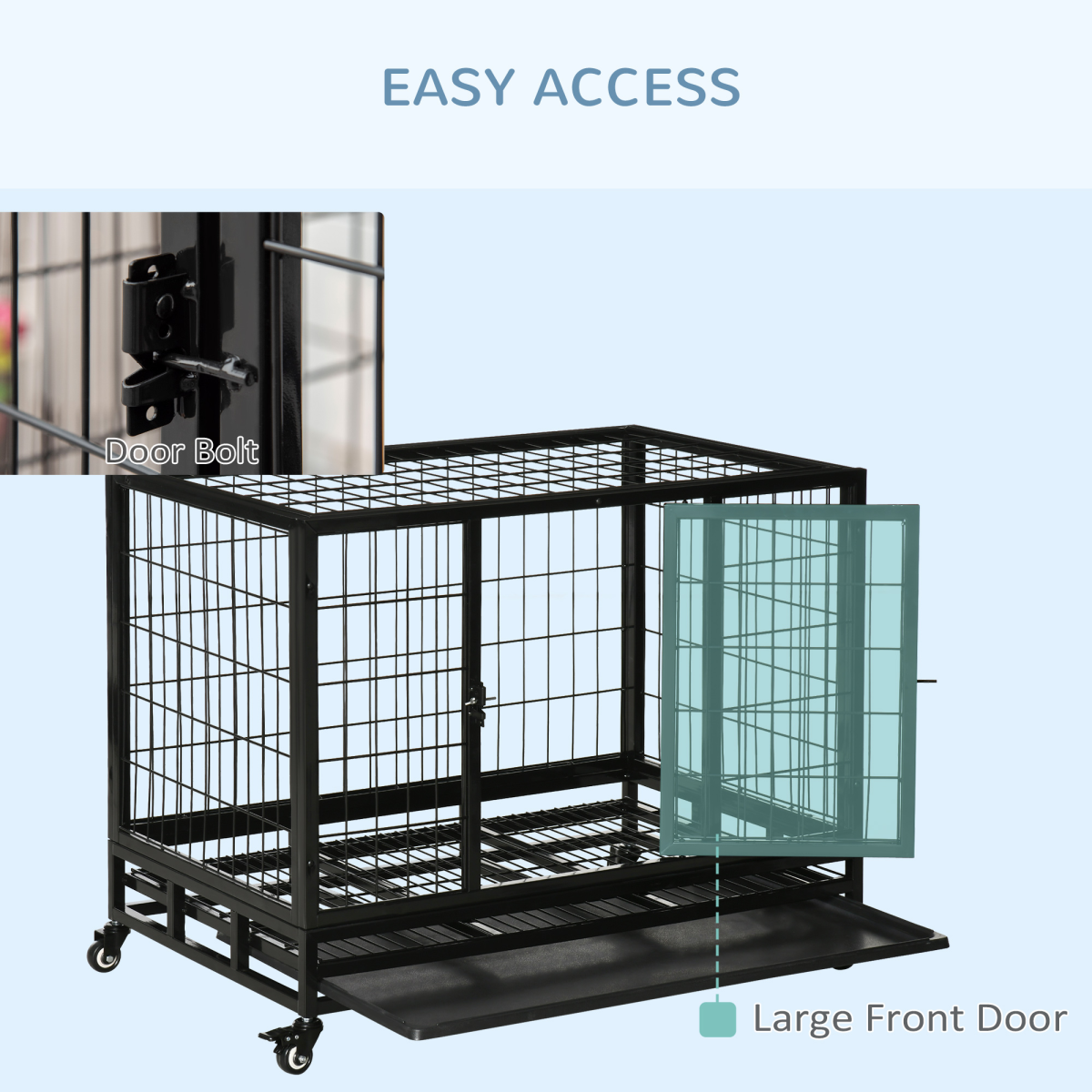 Pawhut Heavy Duty Metal Dog Cage with Wheels, Crate Tray and Two Doors – Rust-Resistant Kennel, Black
