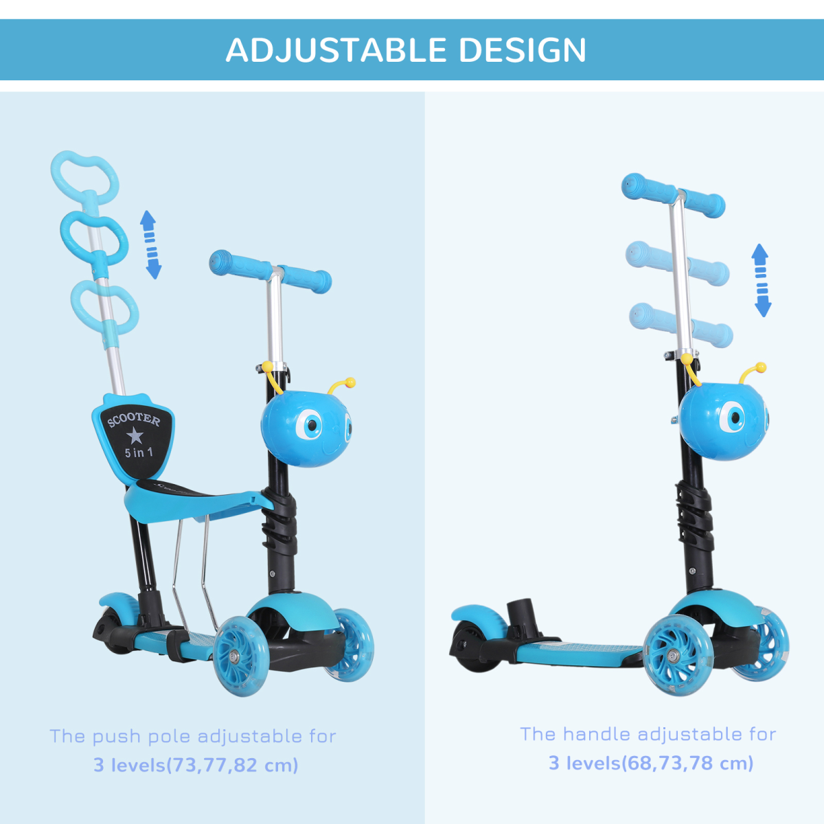 HOMCOM 5-in-1 Kids Kick Scooter with 3 Wheels, Removable Seat and Lean-to-Steer – Ages 1-8 Toddler Walker