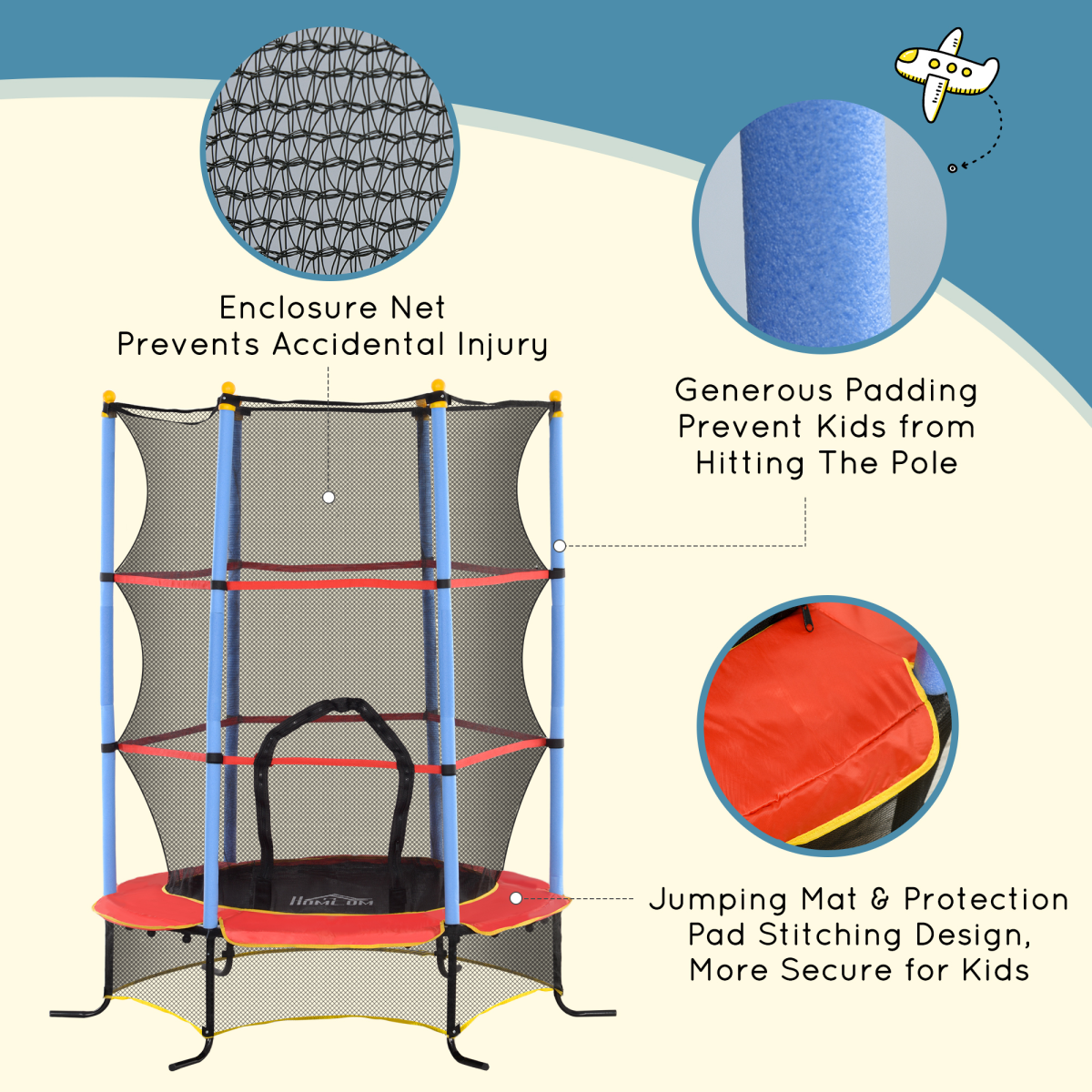 HOMCOM Kids Trampoline with Enclosure Net and Zipped Door – Bungee Design, Indoor Outdoor, Ages 3-10