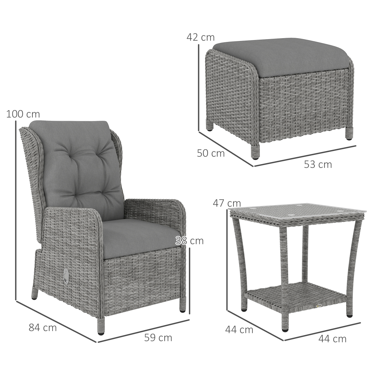 Outsunny 5-Piece Rattan Recliner Set with 2 Chairs, 2 Footstools and Glass Table – Garden Lounge, Light Grey