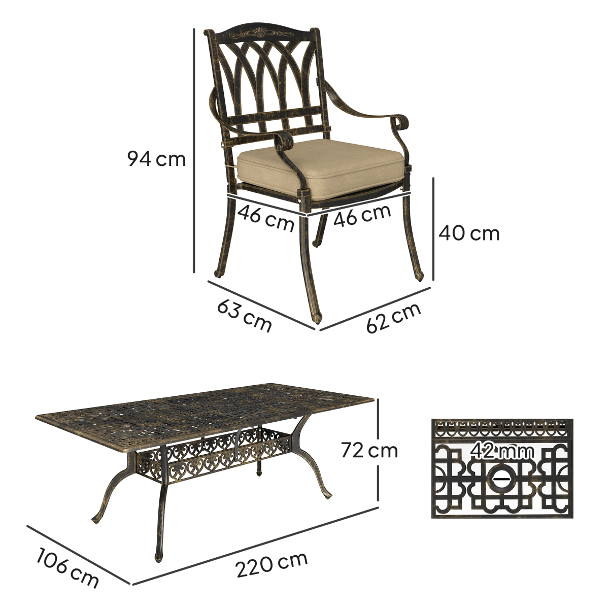 Outsunny 9-Piece Cast Aluminium Garden Dining Set with 8 Armchairs, Cushions & Parasol Hole – Bronze and Khaki