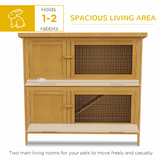 PawHut Double Decker Wooden Rabbit Hutch with Ramp, Trays and Asphalt Roof – Outdoor Bunny Cage, Yellow