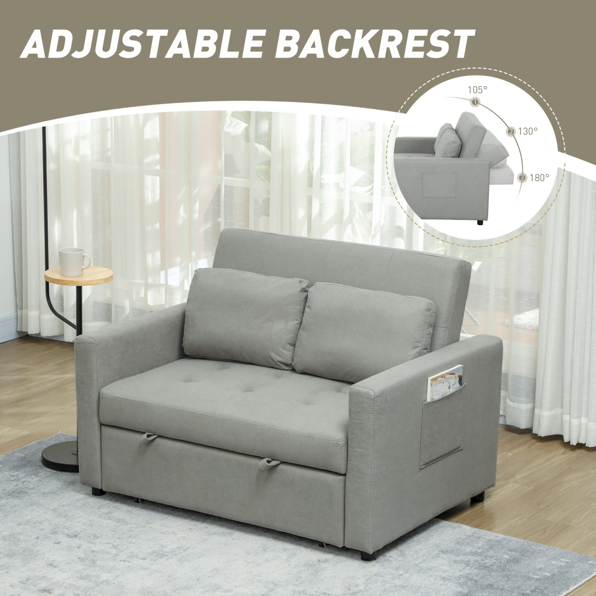 HOMCOM Click-Clack 2 Seater Sofa Bed with Cushions & Side Pockets – Space-Saving Guest Bed, Grey