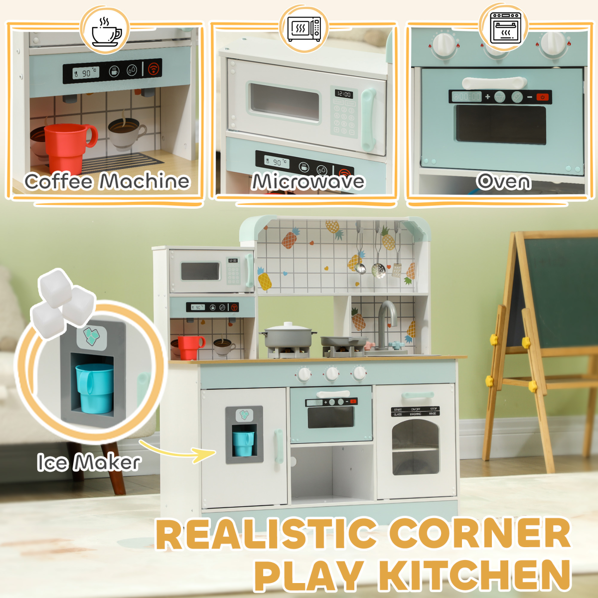 AIYAPLAY Toy Kitchen with Lights & Sounds, Coffee Machine & Ice Maker – Kids Role Play Set, White & Blue