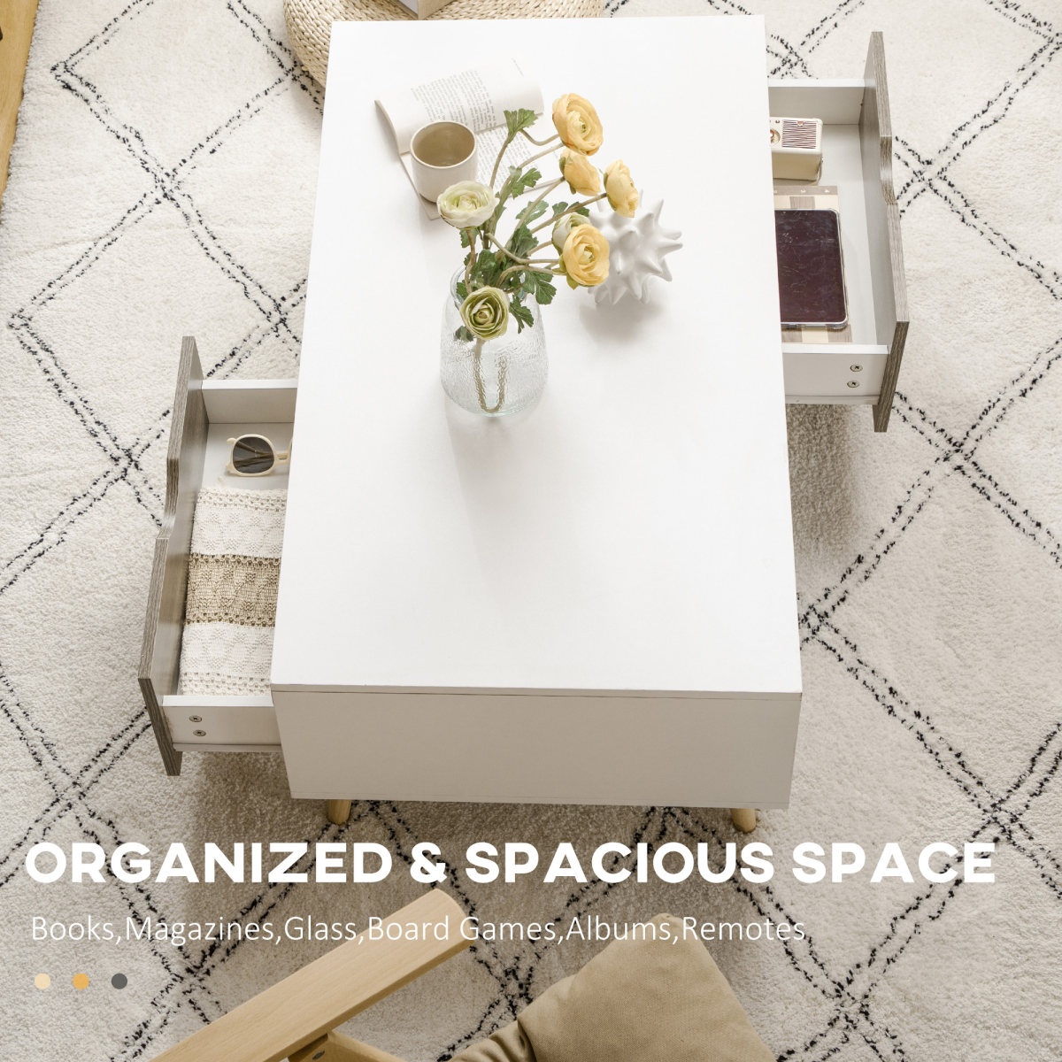 Modern White Coffee Table with Storage Shelves and 2 Sliding Drawers – Living Room Table with Wood-Effect Drawers