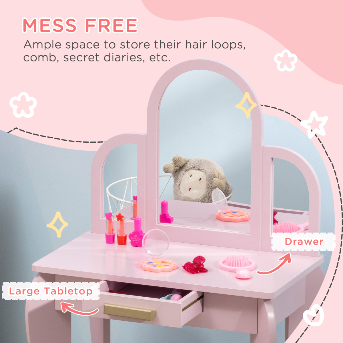 Kids Dressing Table and Stool Set with Mirror and Drawer – Vanity Table for Ages 3-6 Years, Pink