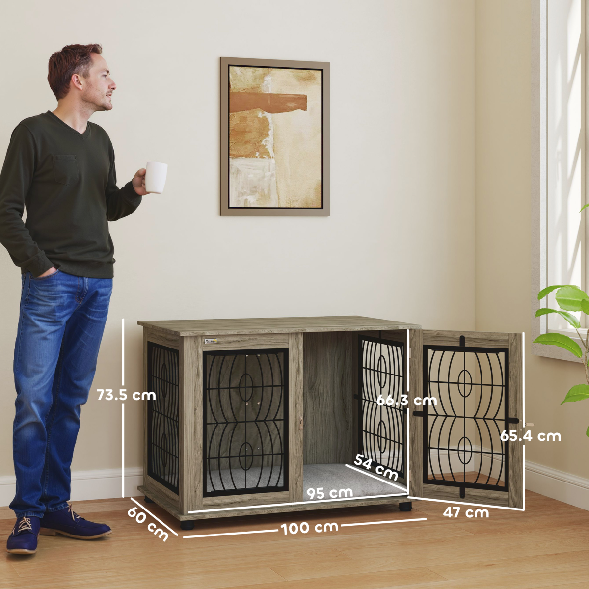 PawHut Dog Crate Furniture, 37 Inch End Table for Large Dogs with Cushion – Lockable Door, Grey Wood Effect