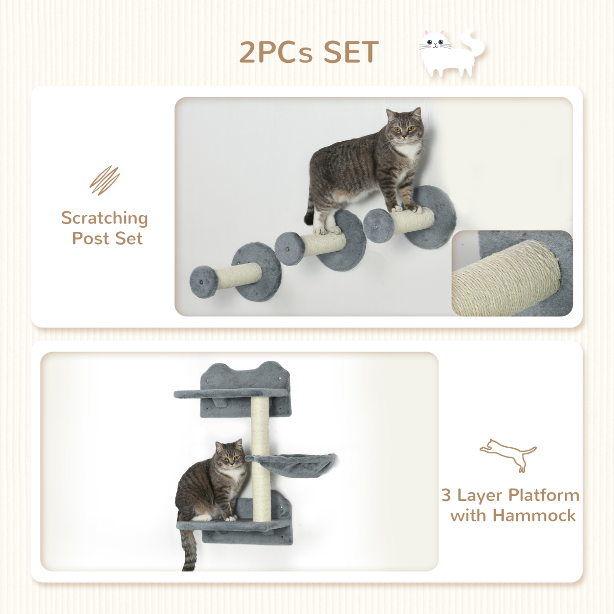 PawHut Wall-Mounted Cat Shelf with Scratching Posts & Hammock – Indoor Cat Tree Climbing Furniture, Grey