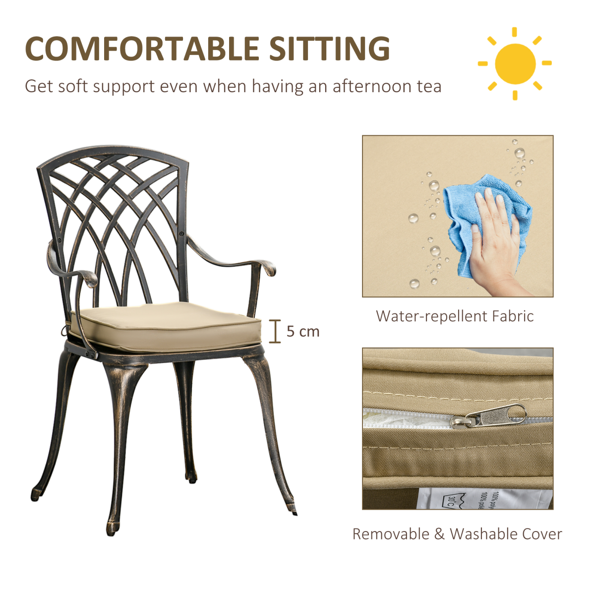 Outsunny 3-Piece Cast Aluminium Garden Bistro Set with Cushions & Parasol Hole – Table and 2 Chairs, Bronze