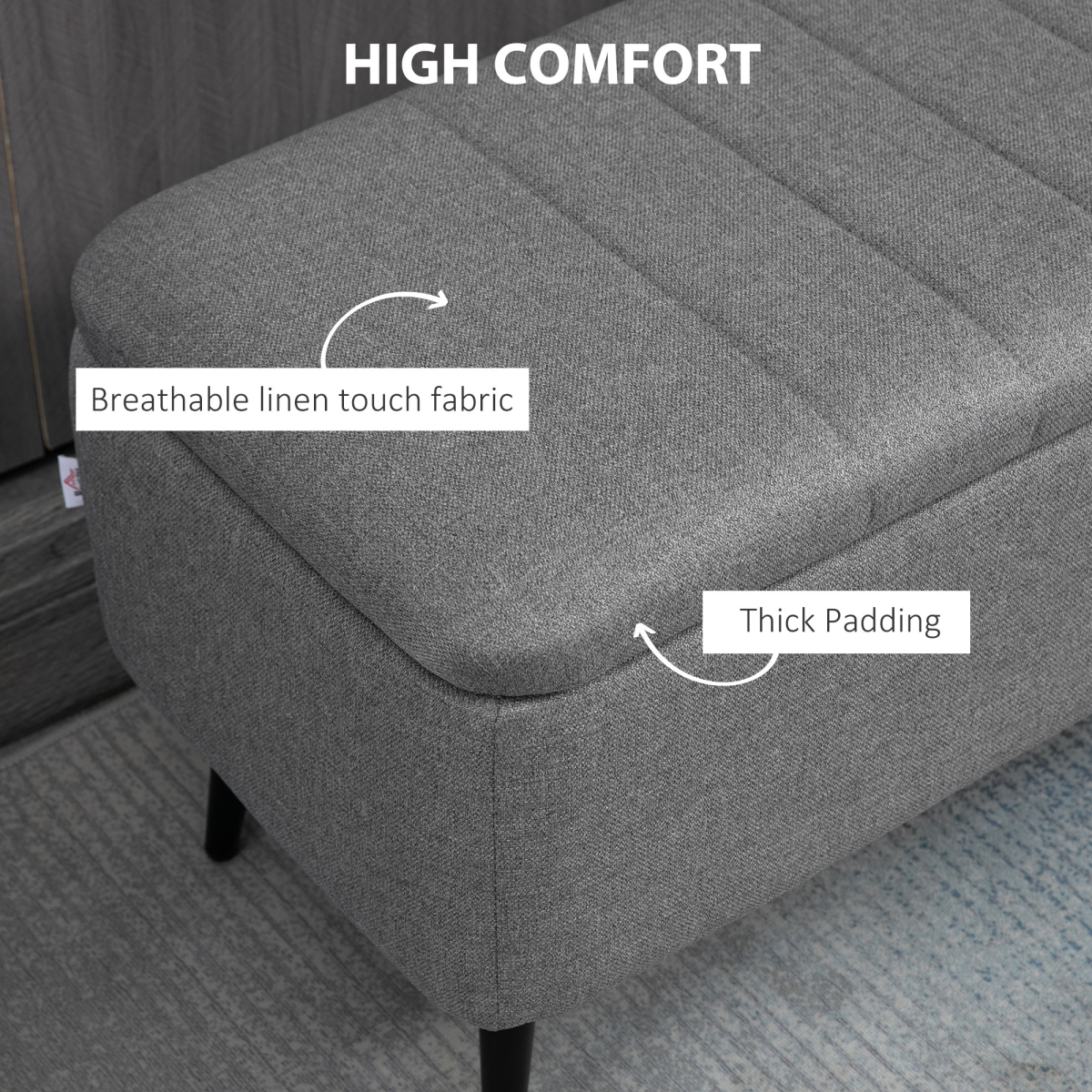 HOMCOM Linen Fabric Storage Ottoman Bench with Steel Legs – Footstool & Seat, Grey
