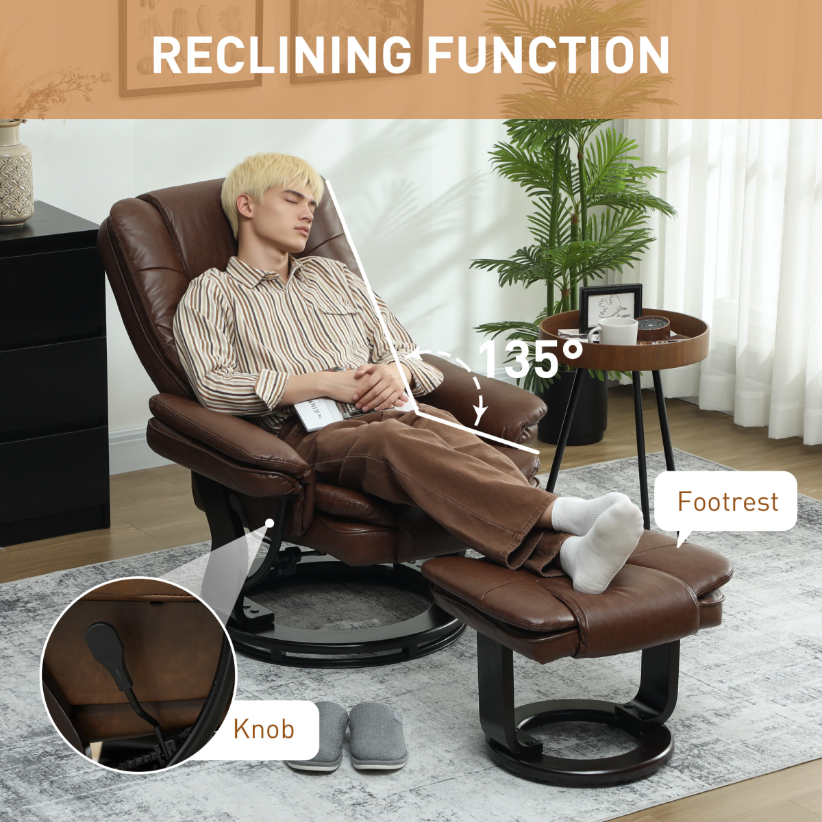 Swivel Recliner Chair with Footstool, 135° Reclining Back & Faux Leather – Padded Armchair Set, Dark Brown