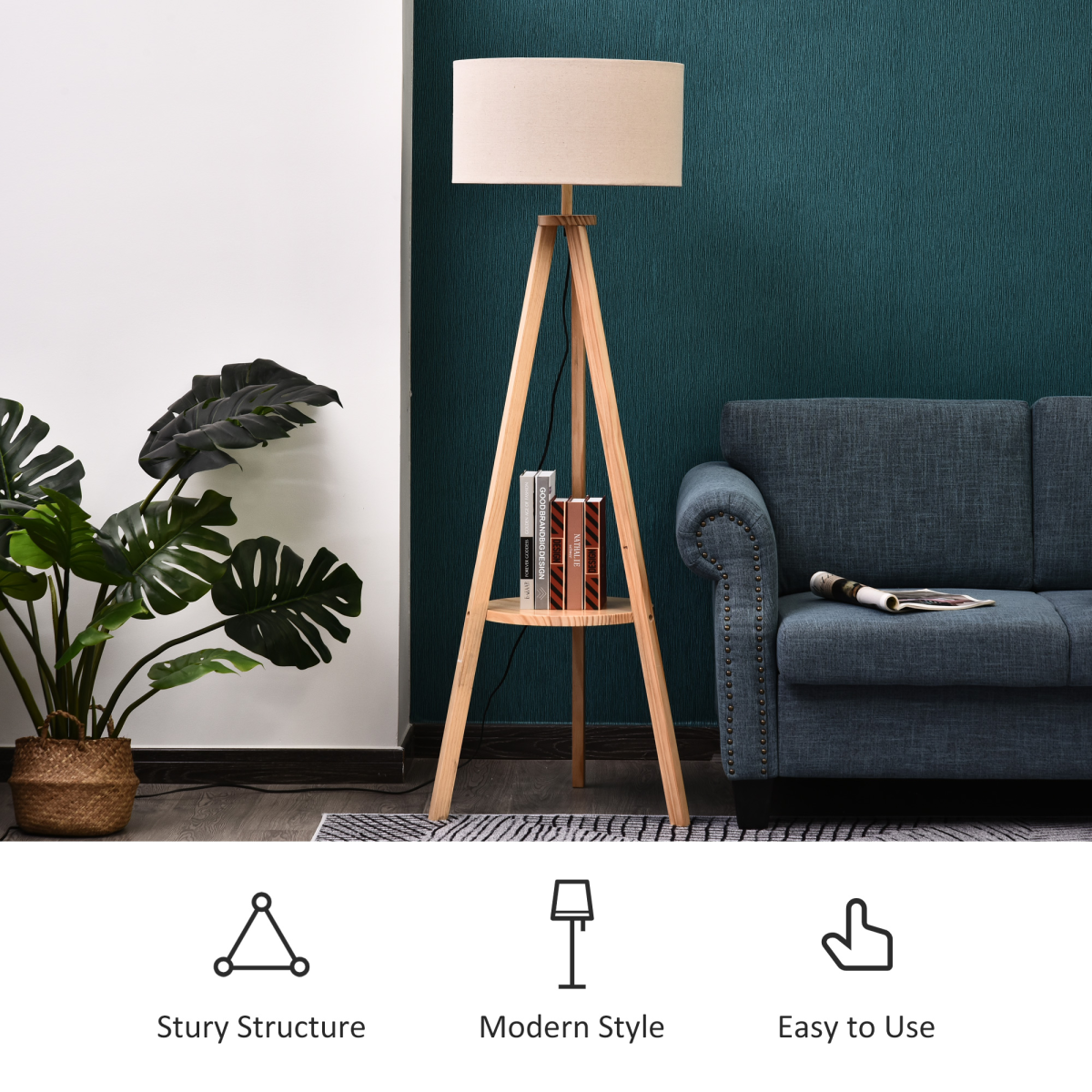 HOMCOM Wooden Tripod Floor Lamp with Cream Linen Shade, 154cm – Scandi-Style Lighting