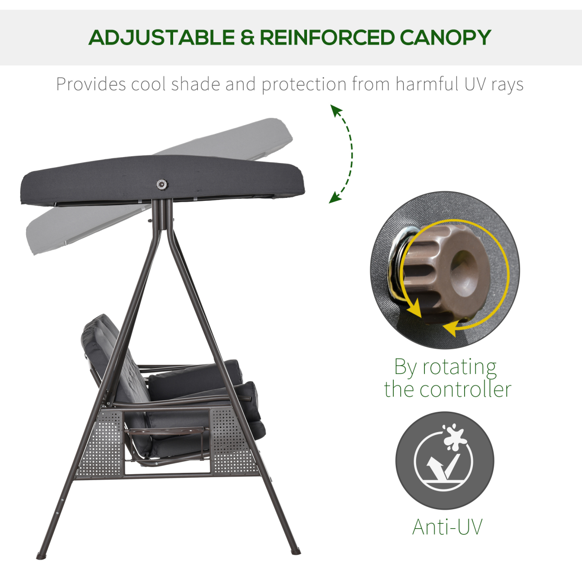 Outsunny Heavy Duty Steel 3 Seater Garden Swing Chair with Canopy & Cushions – Patio Furniture