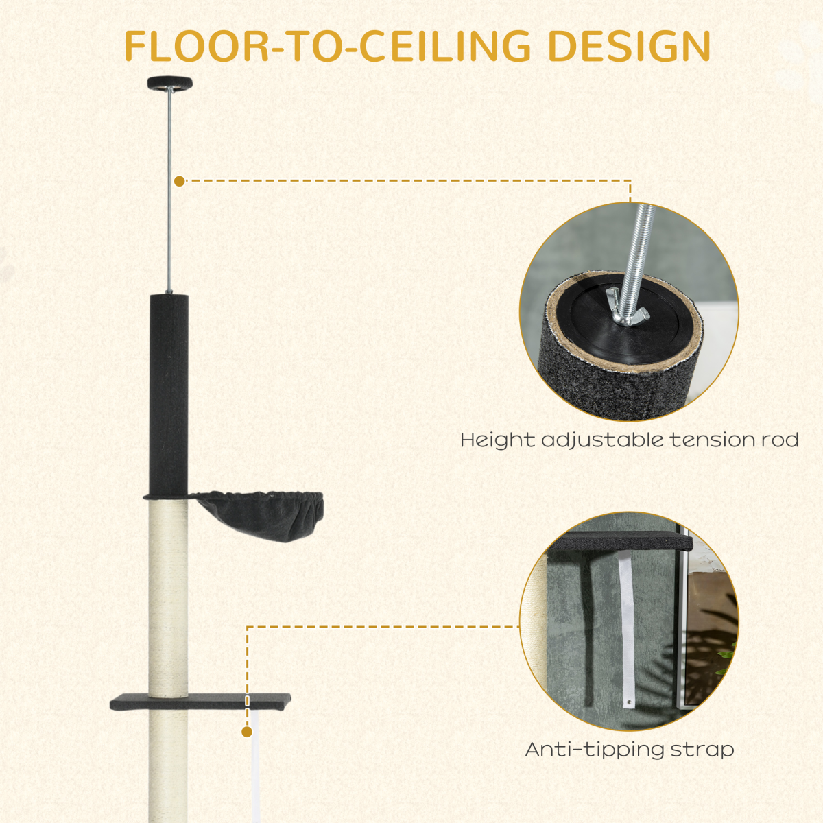 PawHut Floor-to-Ceiling Cat Tree, 240–270 cm Height Adjustable with Bed, Hammock and Sisal Posts, Black