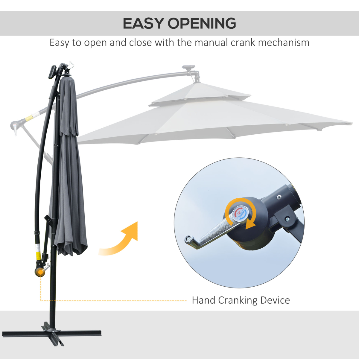 Outsunny 3m Cantilever Banana Parasol with Solar LED Lights, Crank Handle & Cross Base – Garden Shade, Grey