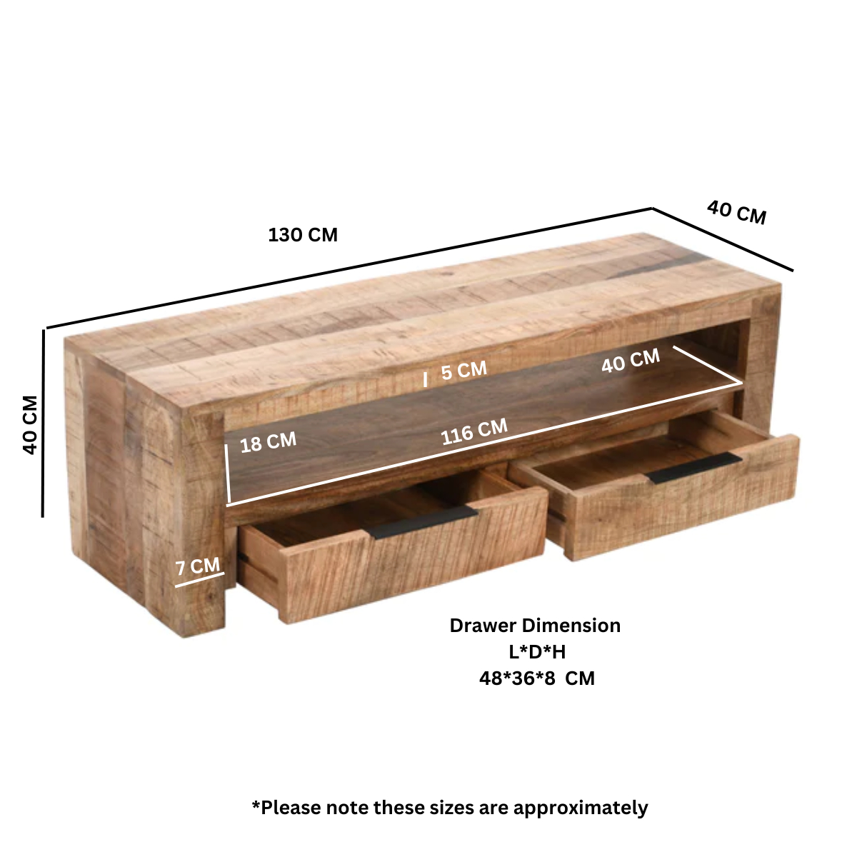 Indian Hub Surrey Solid Mango Wood TV Stand with 2 Drawers – Handmade Media Unit
