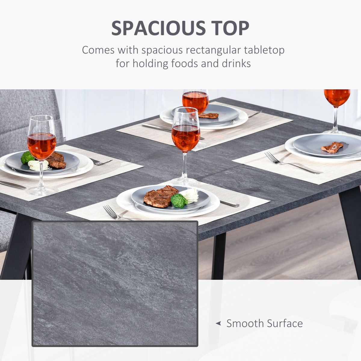 Modern Rectangular Dining Table with Powder-Coated Metal Legs & Adjustable Feet – Seats Four, Dark Grey