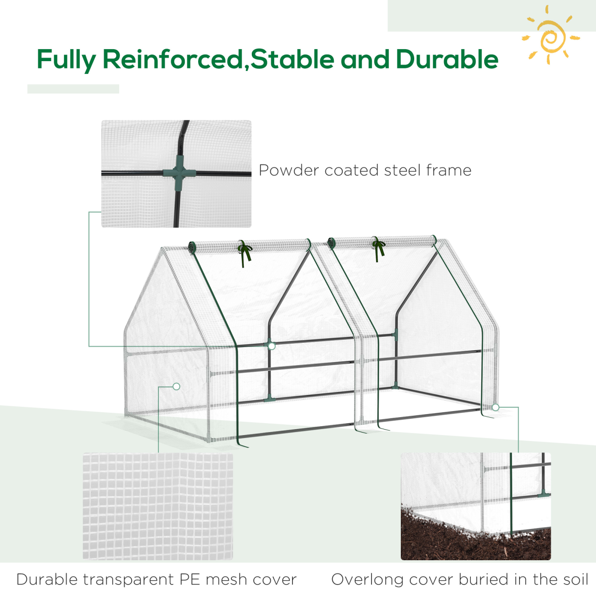 Outsunny Mini Poly Tunnel Greenhouse with Steel Frame, Mesh Cover & Roll-Up Doors – Small Grow House, White