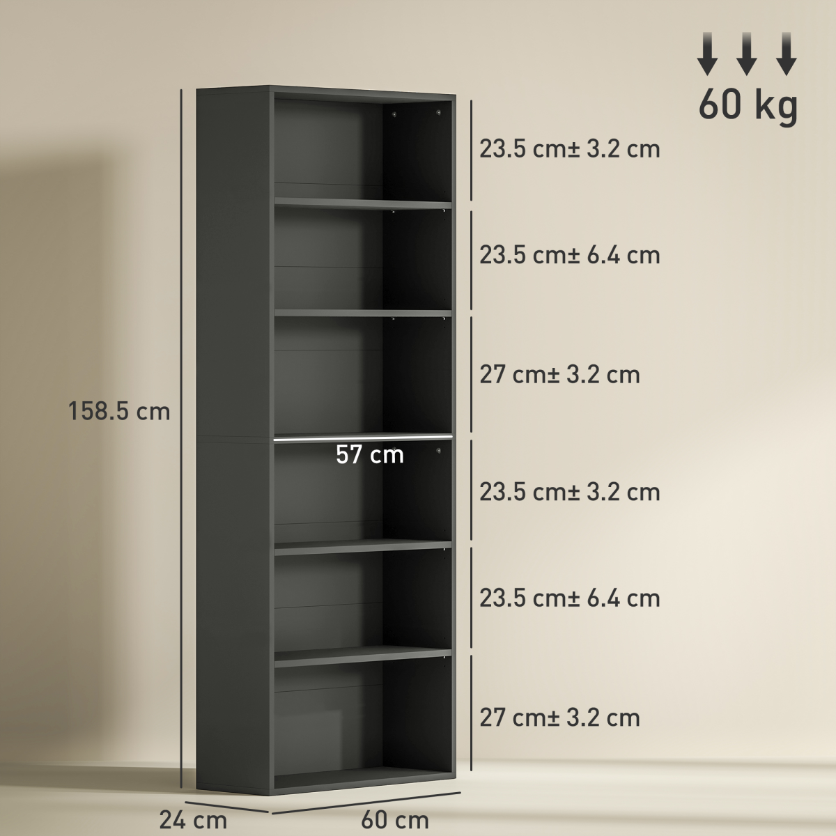 HOMCOM 6 Tier Bookshelf with 4 Adjustable Shelves and Anti-Tip Straps – Freestanding Bookcase, Black