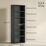 HOMCOM 6 Tier Bookshelf with 4 Adjustable Shelves and Anti-Tip Straps – Freestanding Bookcase, Black