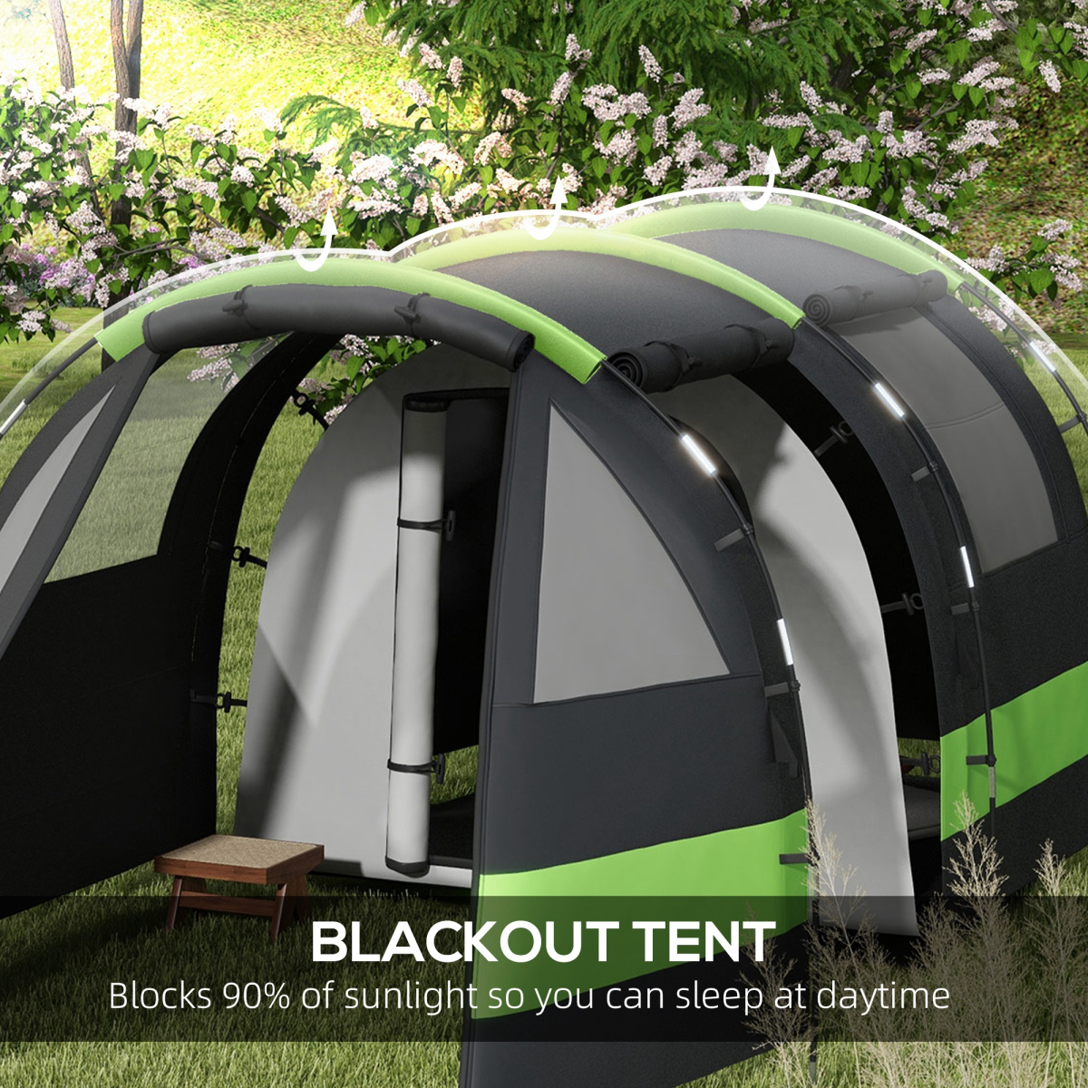 Outsunny Blackout Camping Tent with Bedroom & Living Room, 3000mm Waterproof – 4–5 Person Family Tent, Black