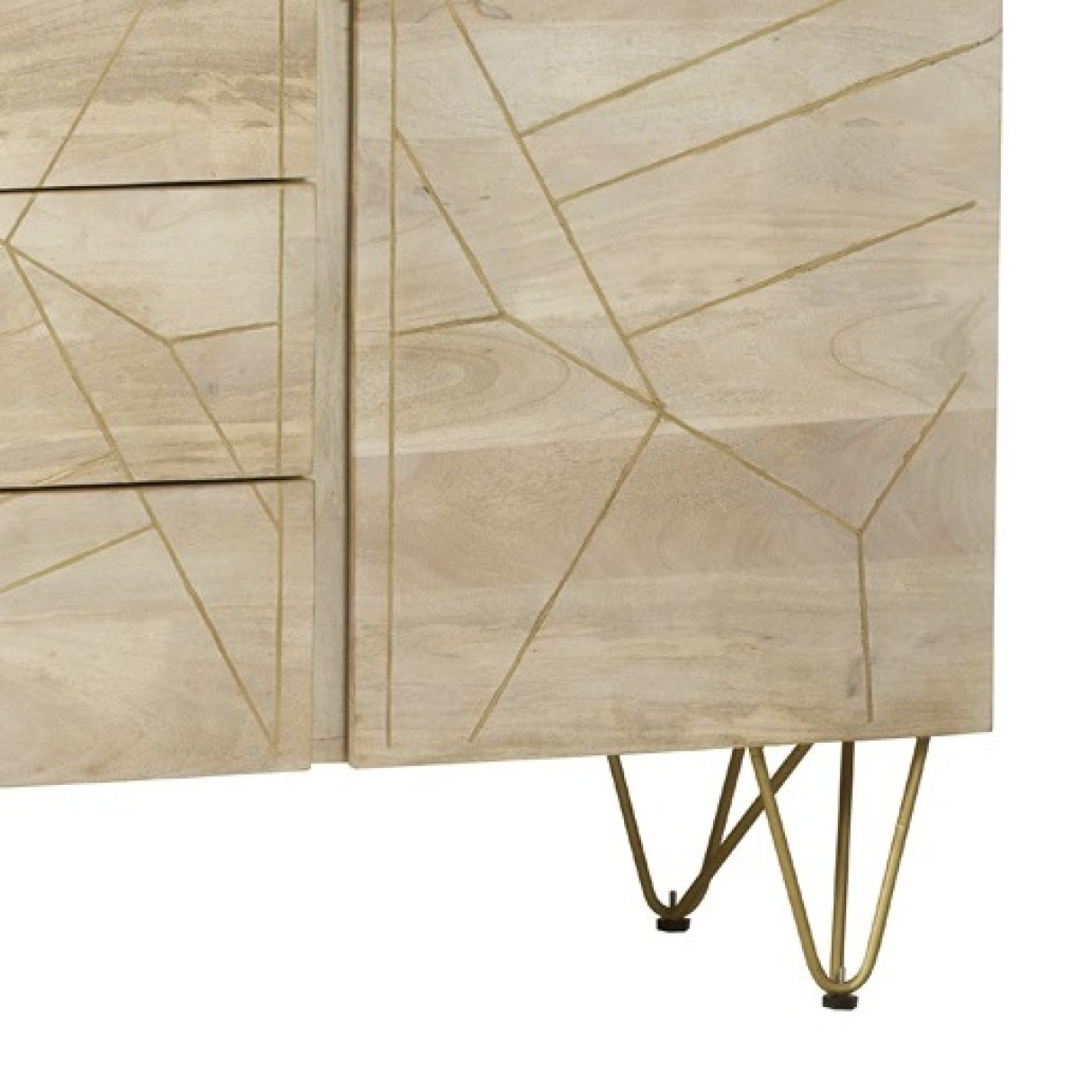 Extra Large Sideboard with Light Gold Metal Inlay, 3 Drawers & 2 Cupboard Doors – Solid Wood