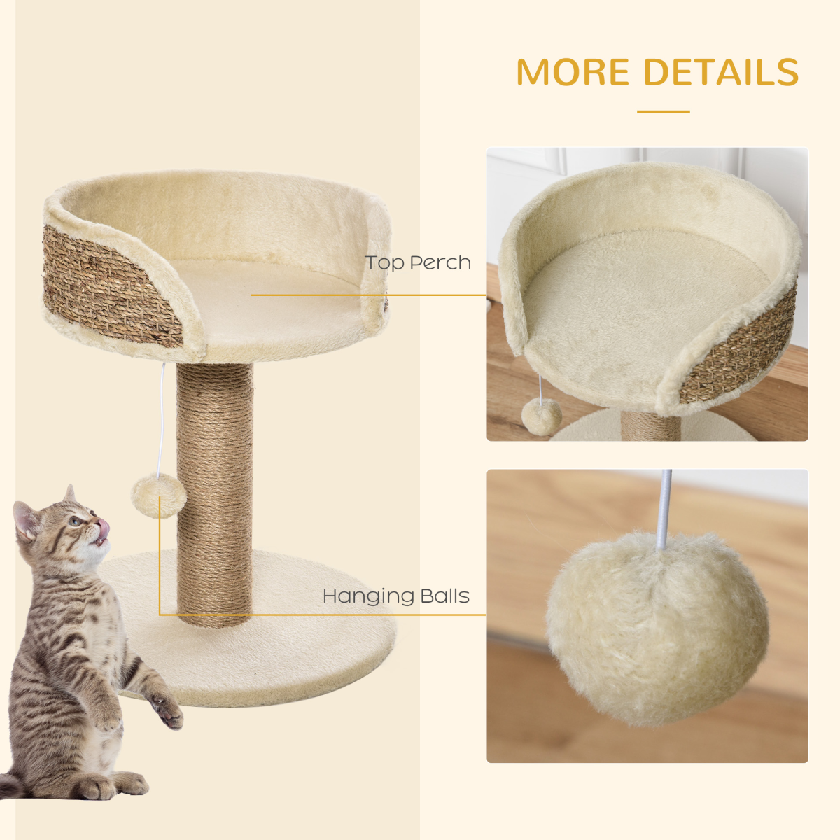 Pawhut Small Cat Tree with Jute Scratching Post, Plush Perch Bed and Hanging Ball – Indoor Cat Activity Centre