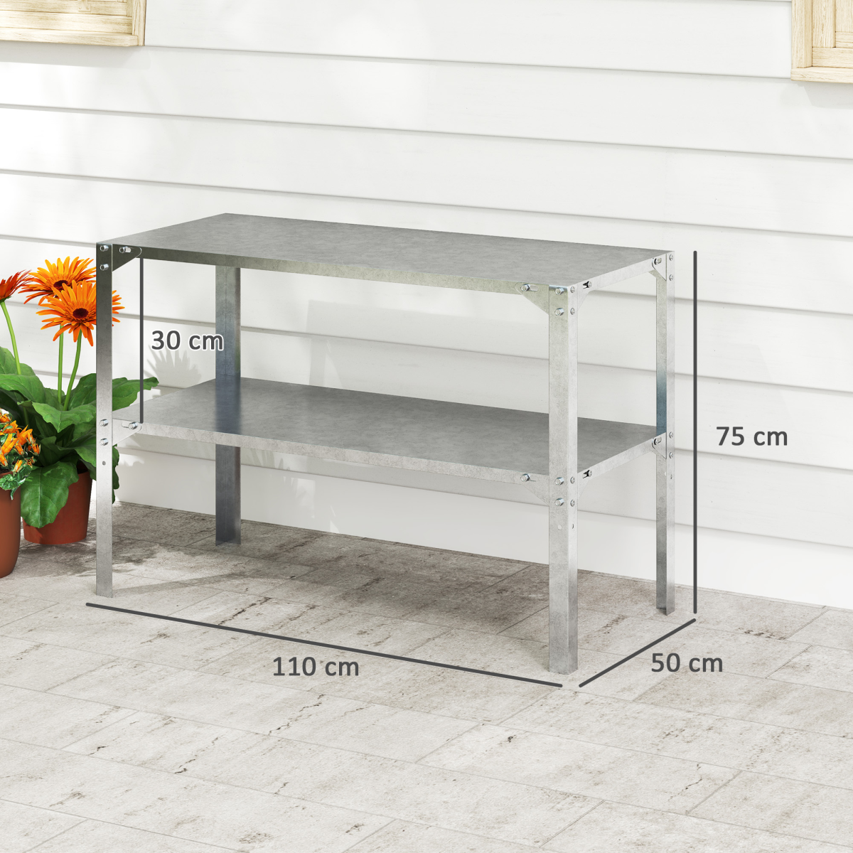 Outsunny 2-Tier Galvanised Steel Potting Bench Table – Garden Work Bench with Storage Shelf, Silver Tone