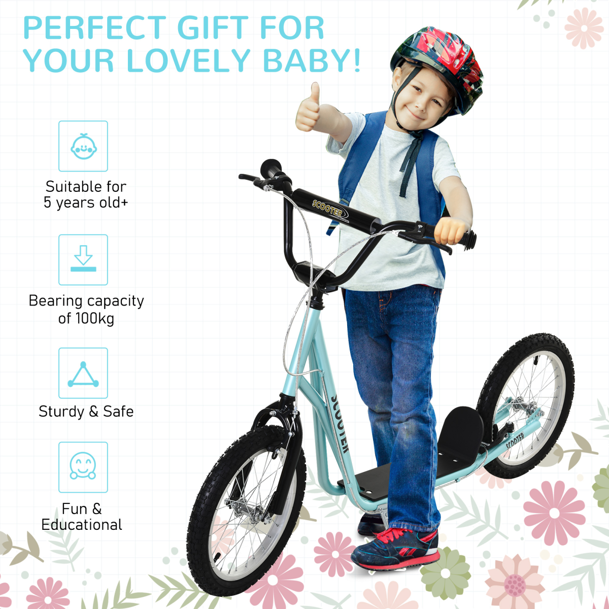 HOMCOM Kids Kick Scooter with Inflatable Wheels & Rear Brake – Adjustable 90–96cm Handlebar, Blue