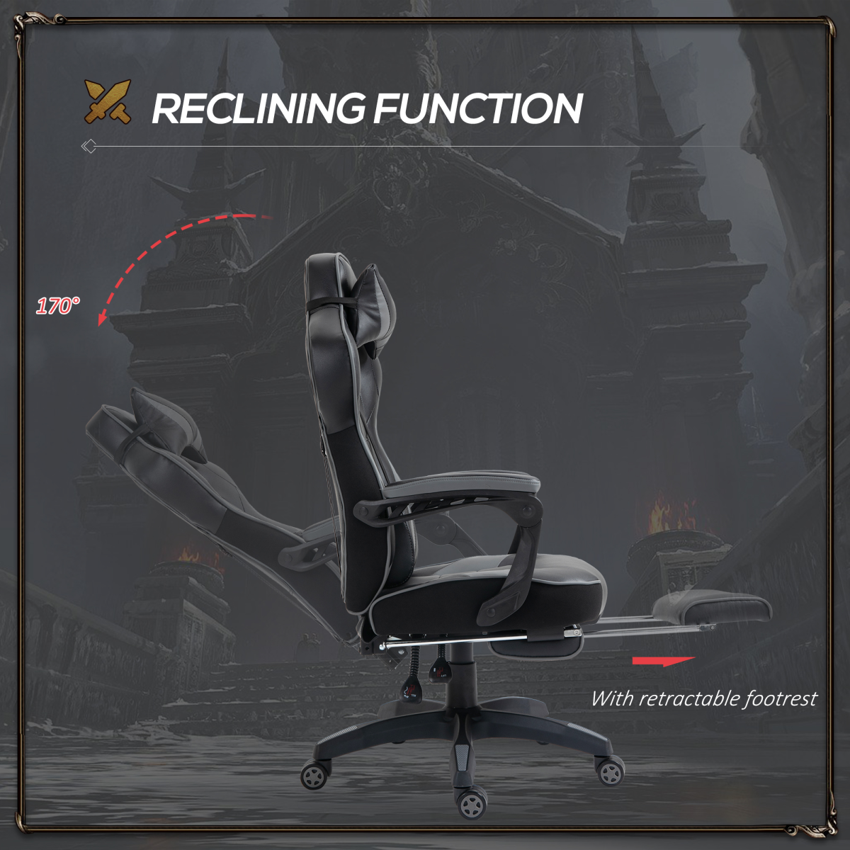 Vinsetto Reclining Racing Gaming Chair with Footrest & 170° Recline – Ergonomic Office Chair, Grey