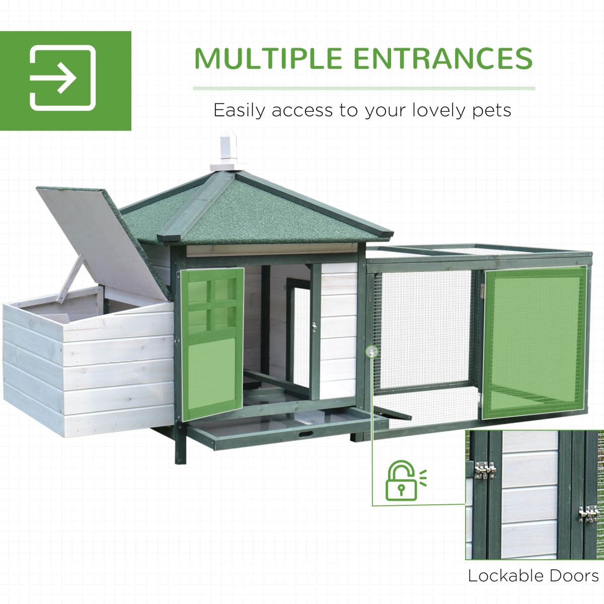 PawHut Wooden Chicken Coop with Nesting Box, Outdoor Run & Removable Tray – Elevated Poultry House, Green