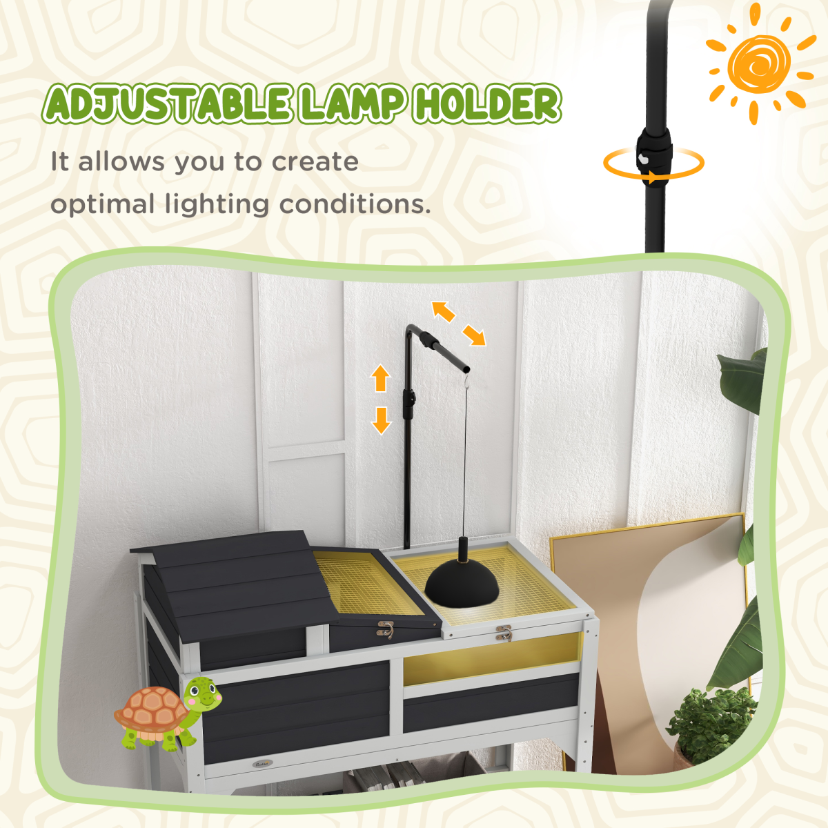 PawHut Two-Level Tortoise House with Adjustable Lamp Holder, Openable Lid and Storage Shelf, Grey