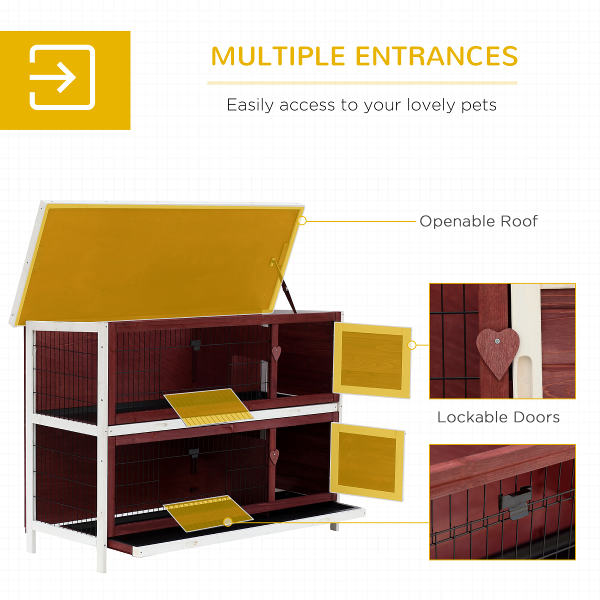 Pawhut Two-Tier Wooden Rabbit Hutch with Slide-Out Trays and Asphalt Roof – Elevated Bunny Cage for Small Pets