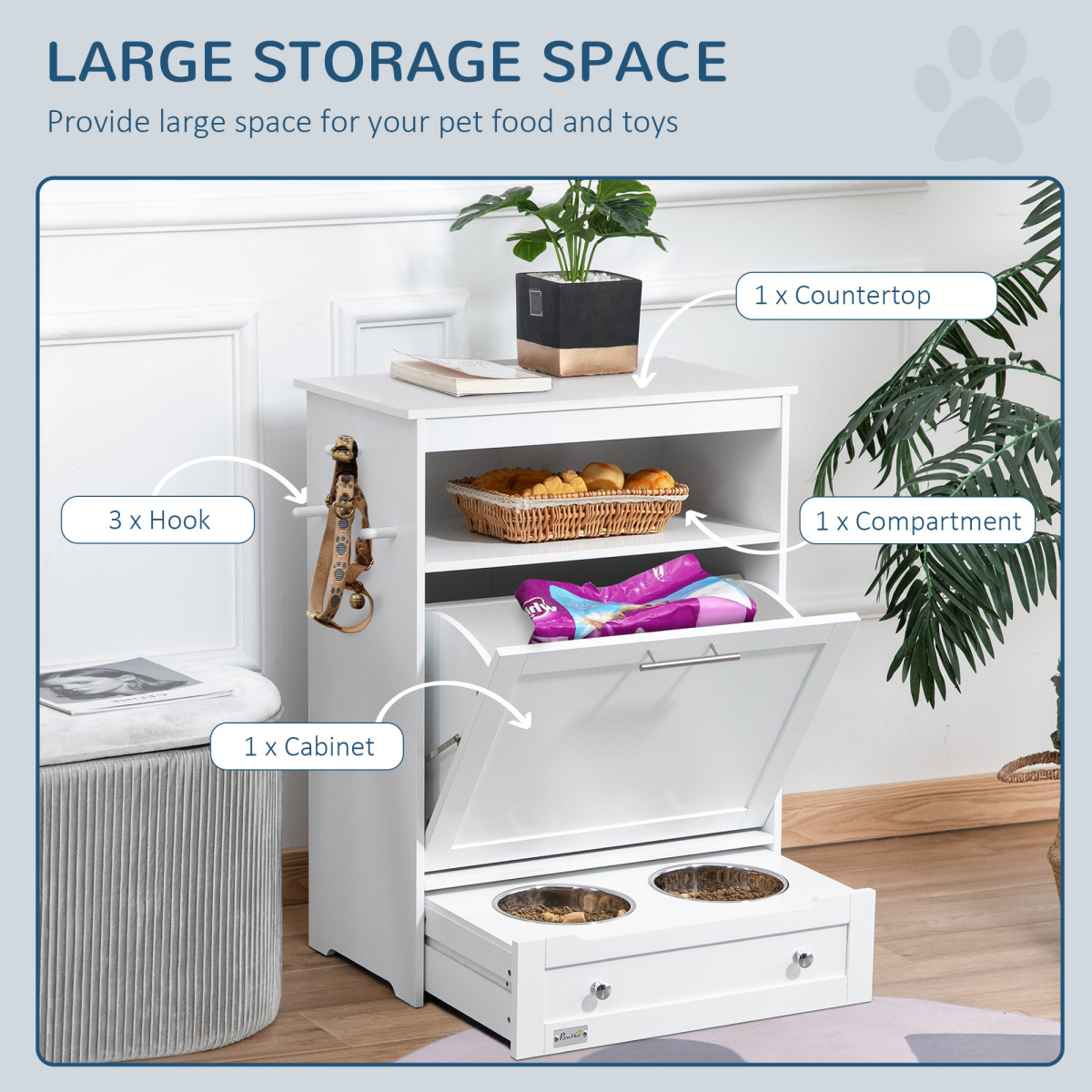 PawHut Pet Feeder Station with Two Removable Bowls & Storage Cabinet – Dog and Cat Feeding Table, White