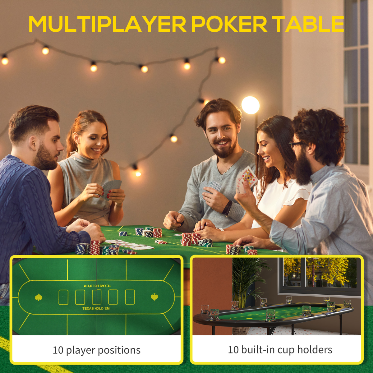 SPORTNOW Foldable Poker Mat for 10 Players with Cup Holders & Carry Bag – Green Felt Poker Table Top