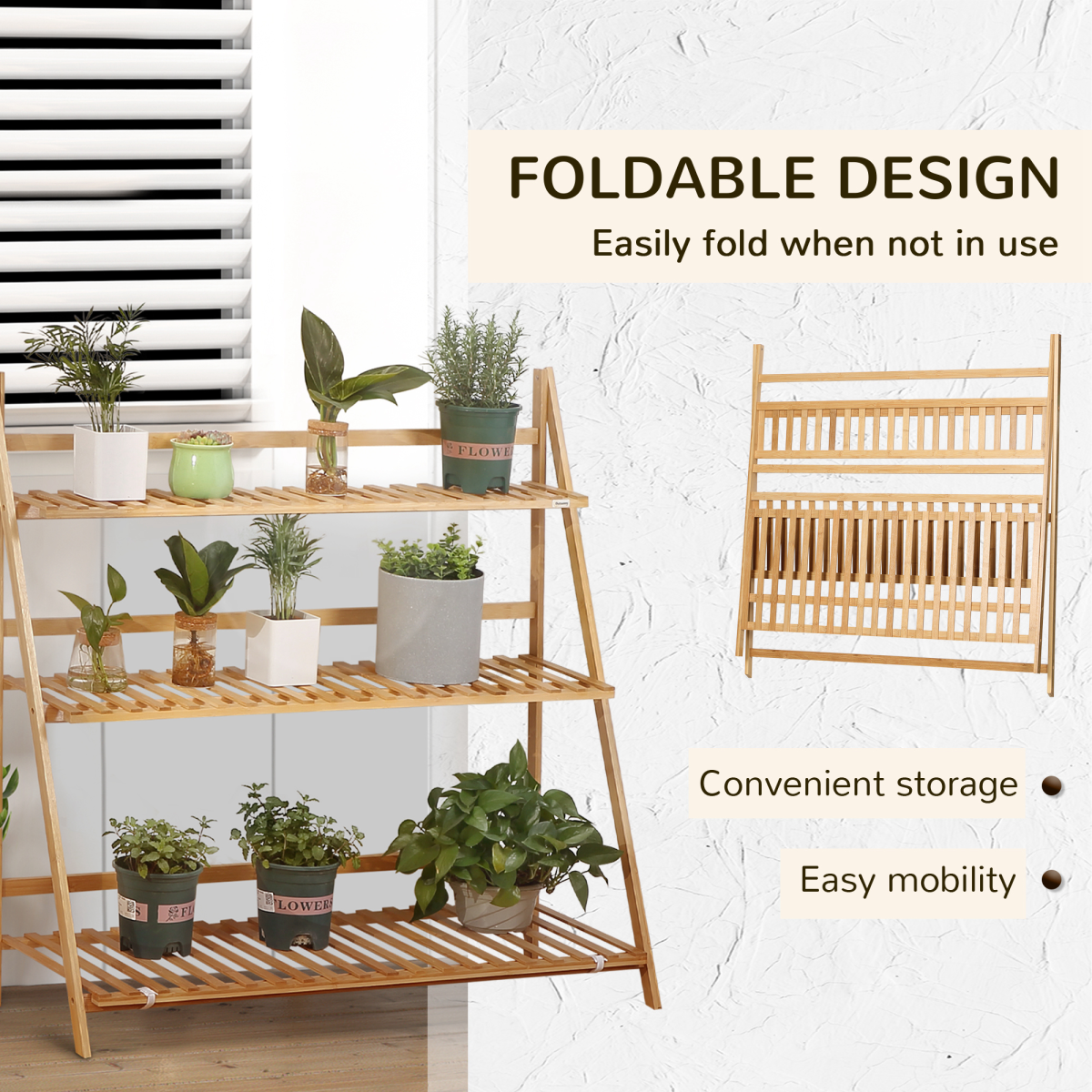 Outsunny 3-Tier Folding Bamboo Plant Stand with Slatted Shelves – Indoor & Outdoor Display Rack