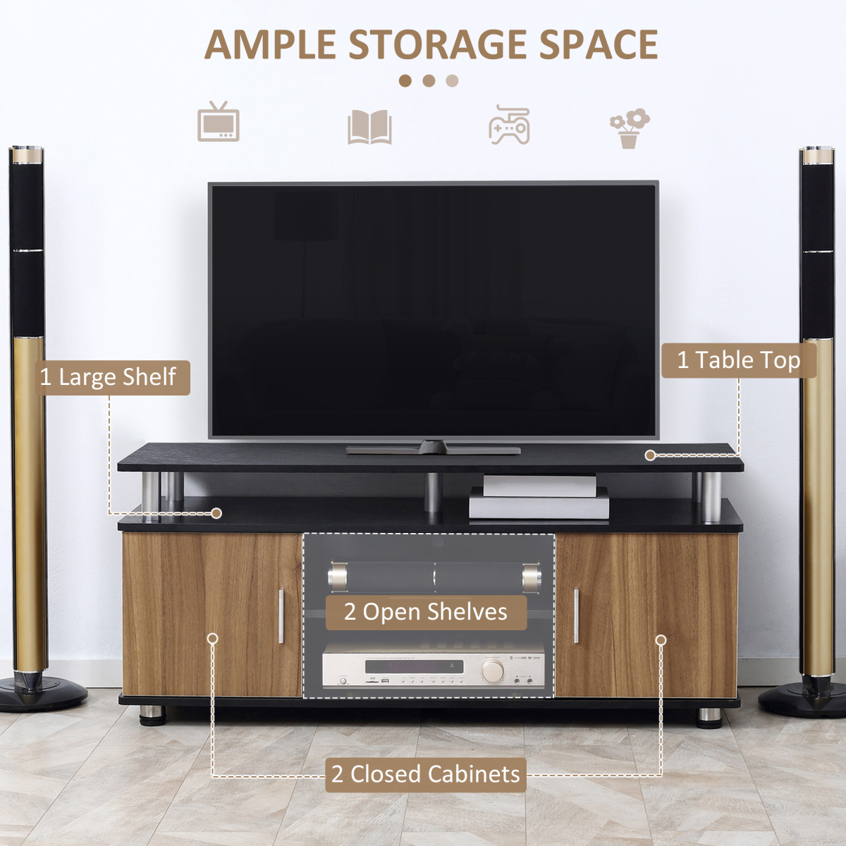 HOMCOM TV Cabinet Media Console with Cupboards, Shelves & Cable Management – Living Room Unit, Black & Walnut