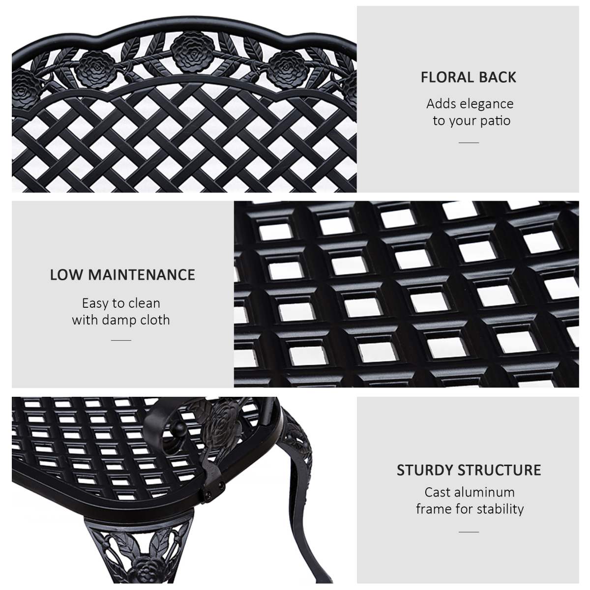 Outsunny Cast Aluminium Garden Bench – Antique-Style Outdoor Seat with Floral Scroll Back, Black