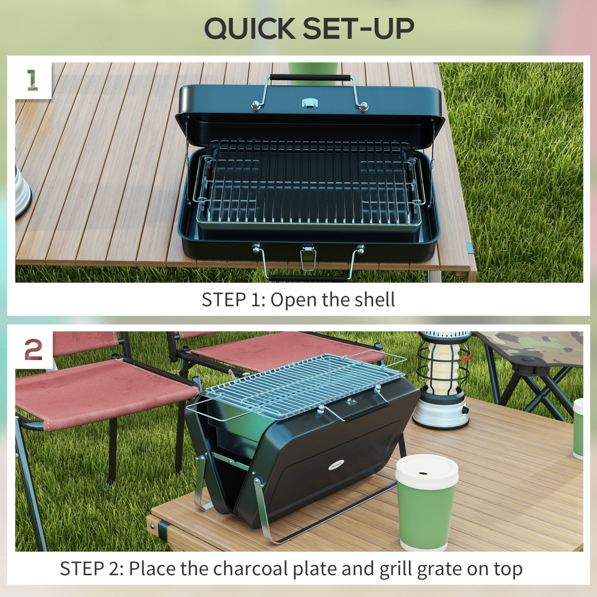 Outsunny Portable Suitcase BBQ Grill, Foldable Charcoal Barbecue – Camping, Picnic & Party, Black