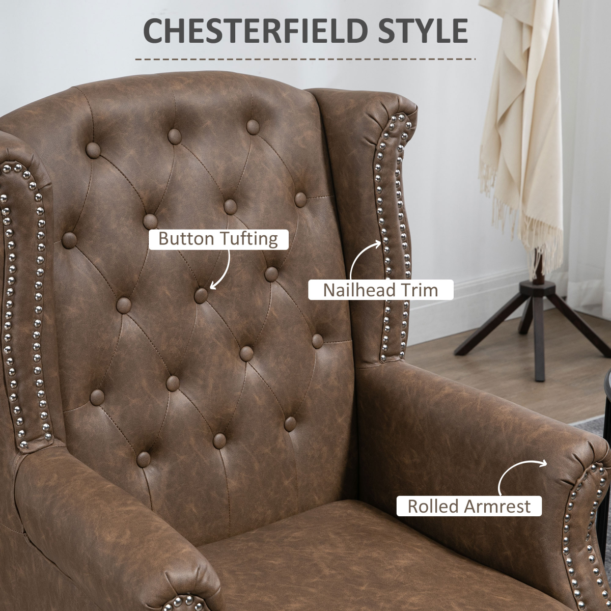 HOMCOM Chesterfield-Style Tufted Wingback Armchair with Padded Seat & Armrests – Classic Lounge Chair, Brown