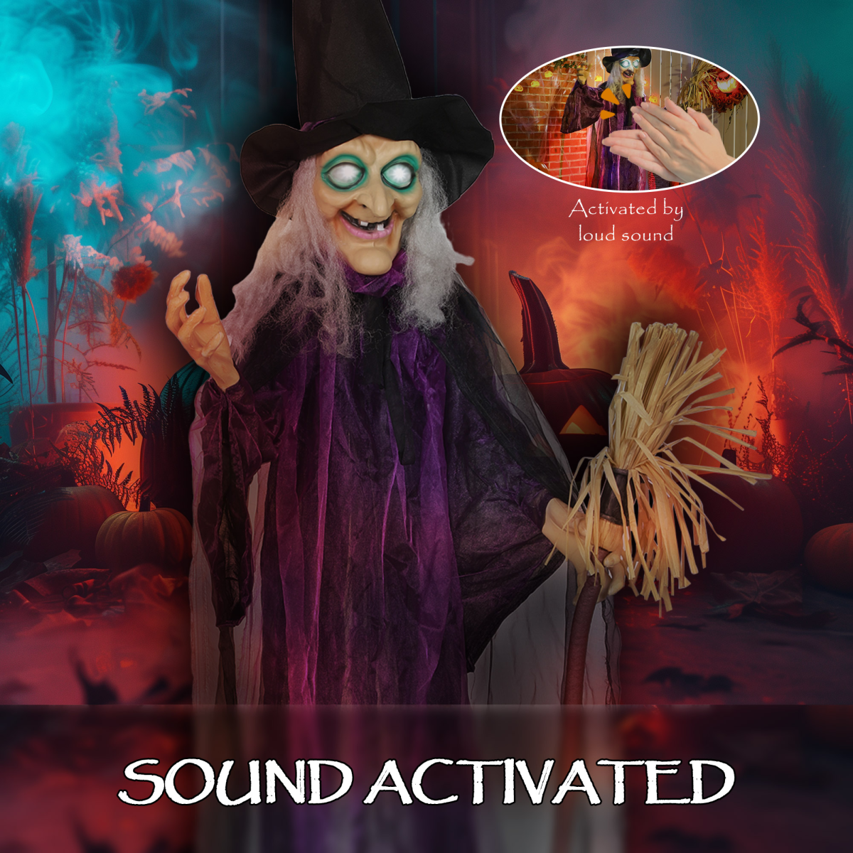 Outsunny Voice Activated Halloween Animatronic Standing Witch – 183 cm Life-Size Decoration, Purple