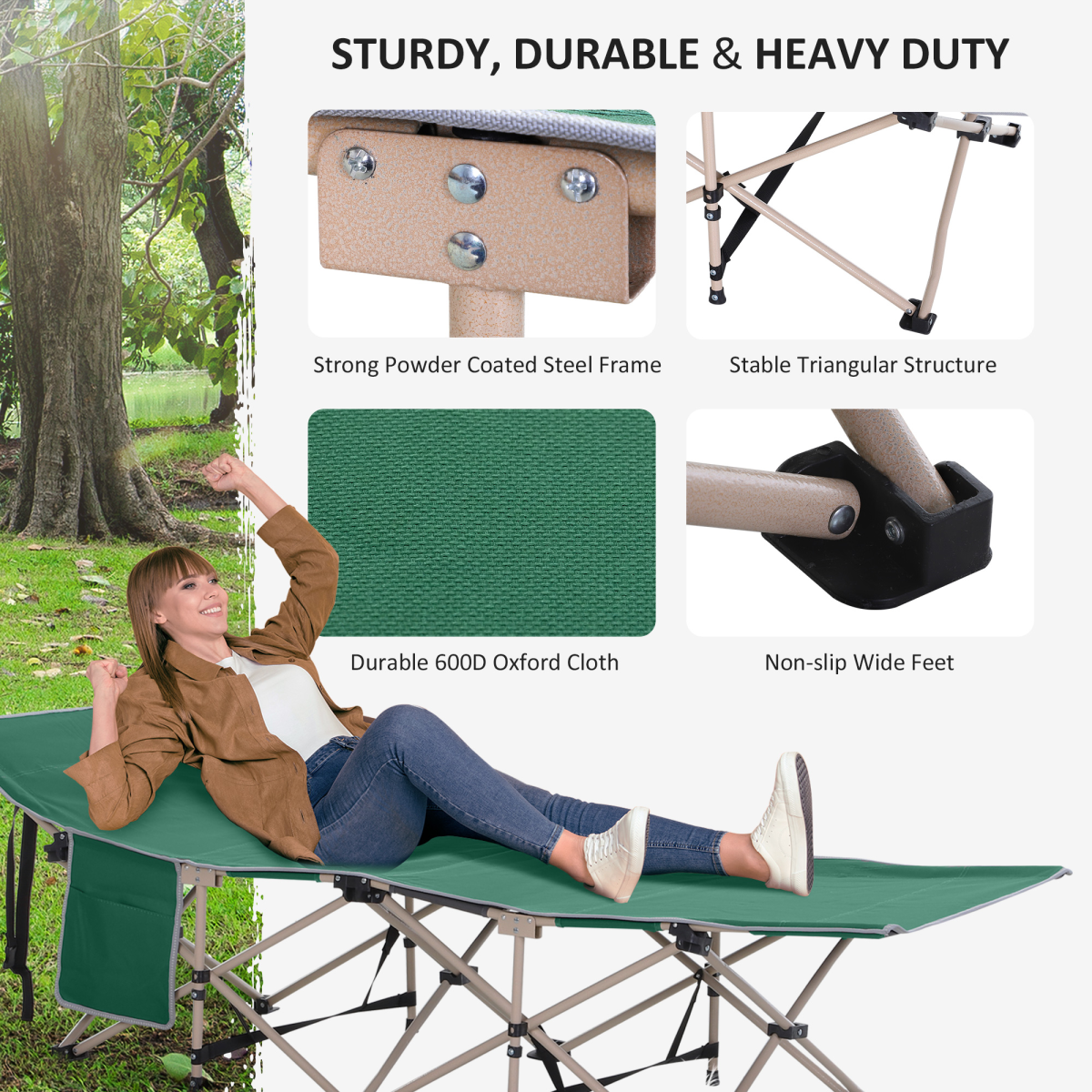 Outsunny Single Folding Camping Cot with Steel Frame, Side Pocket & Carry Bag – Portable Camp Bed, Green