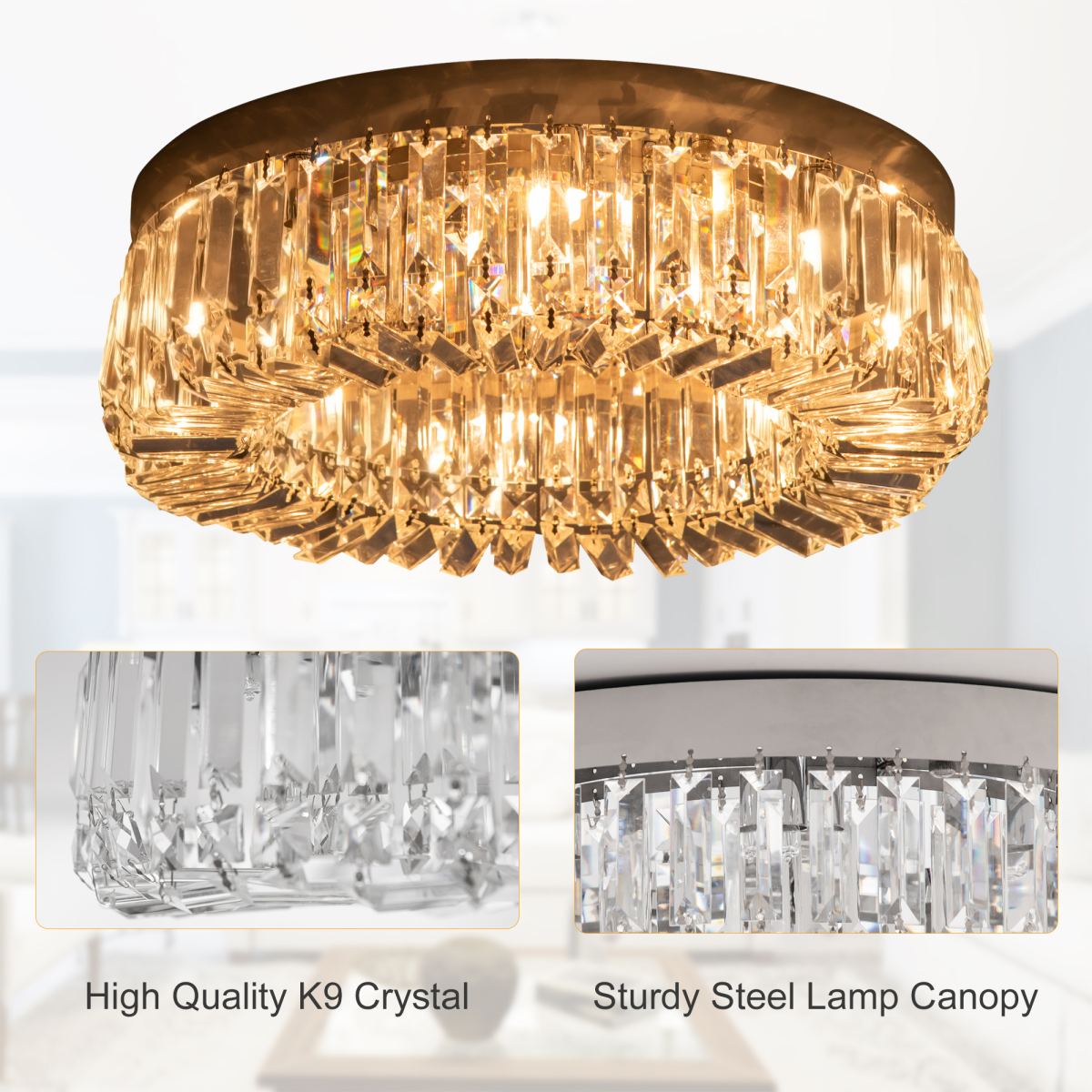 HOMCOM Crystal Chandelier Ceiling Light with Stainless Steel Frame – Pendant Light for Living Room, Silver